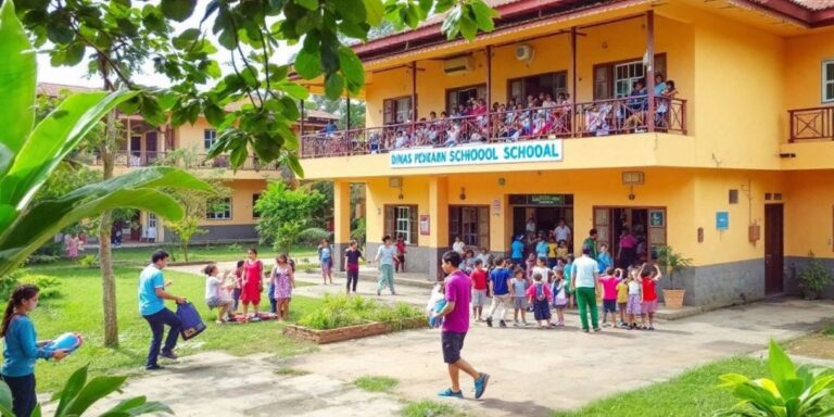 Bangunan sekolah di Kisaran dengan siswa beraktivitas.