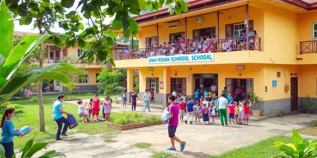 Bangunan sekolah di Kisaran dengan siswa beraktivitas.