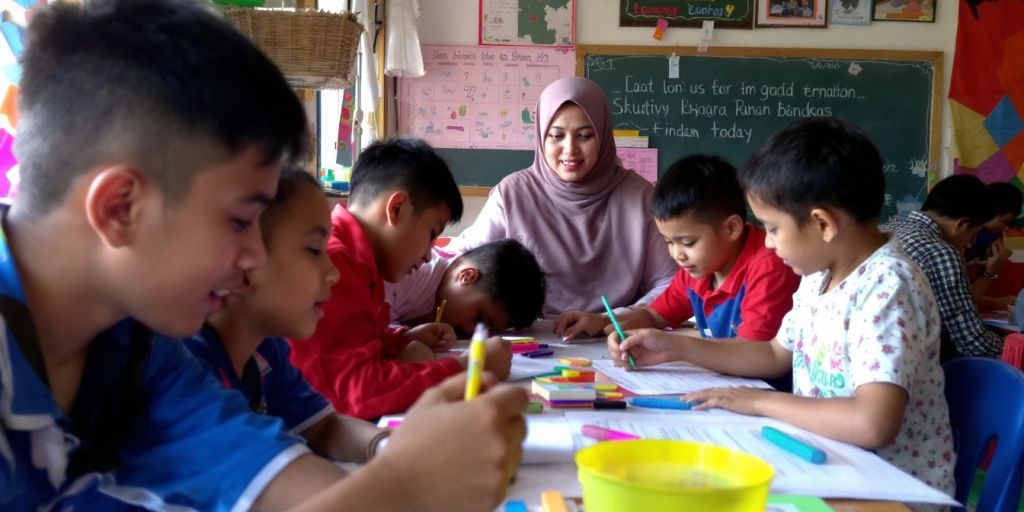 Kelas yang cerah dengan siswa dan guru berinteraksi.