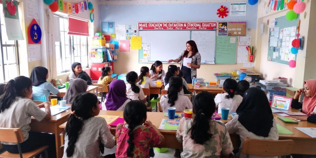 Kelas yang cerah dengan siswa dan guru yang aktif.